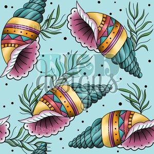 May include: A repeating pattern of stylized seashells in shades of yellow, teal, pink, and orange, with green sprigs and black dots on a light blue background. The shells have geometric designs and are reminiscent of vintage tattoo art.