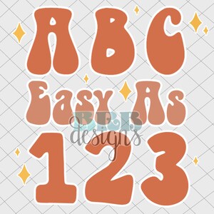 May include: Orange and white retro-style letters spelling "ABC Easy As 123" with gold glitter accents.