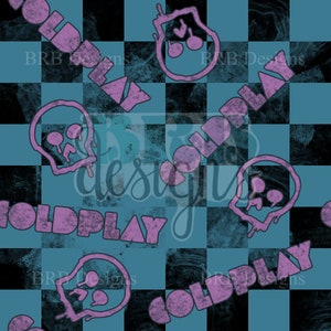 May include: A seamless pattern featuring the band name "Coldplay" in pink text on a blue and black checkered background. The pattern also includes pink skull and crossbones graphics.