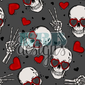 May include: A seamless pattern featuring white skulls wearing red heart-shaped sunglasses on a gray background. The pattern also includes red hearts and white skeletal hands making the peace sign.