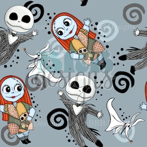 May include: A seamless pattern featuring Jack Skellington and Sally from The Nightmare Before Christmas. The characters are depicted in a cartoon style with bright colours and whimsical details. The background is a light blue with black swirls.