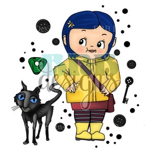 May include: A cartoon illustration of a girl with blue hair wearing a yellow raincoat and black and white striped leggings. She is holding a black bag and a small black cat is standing next to her. The background is white with black dots and buttons.