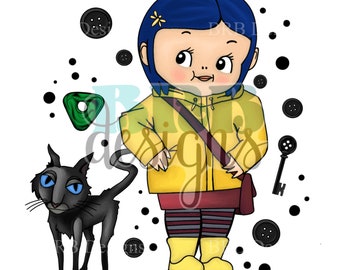 Könnte beinhalten: Eine Cartoon-Illustration eines Mädchens mit blauen Haaren, das einen gelben Regenmantel und schwarz-weiß gestreifte Leggings trägt. Sie hält eine schwarze Tasche und eine kleine schwarze Katze steht neben ihr. Der Hintergrund ist weiß mit schwarzen Punkten und Knöpfen.