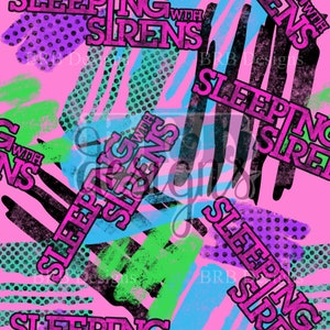 May include: A pink background with a repeated pattern of the text "Sleeping with Sirens" in pink, black, and blue. The text is layered over a pattern of black stripes, green and blue brushstrokes, and purple and green polka dots.