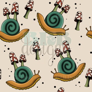 May include: A seamless pattern featuring cartoon snails with mushrooms on their backs. The snails are green and orange, and the mushrooms are red and white with brown stems. The background is a light beige color with black dots.