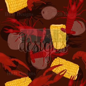 May include: A seamless pattern featuring red crawfish, yellow corn on the cob, and brown potatoes on a dark brown background. The pattern is repeated throughout the image.