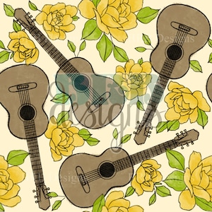 Sketchy Yellow Guitar Floral Hand Drawn Digital PNG Seamless File