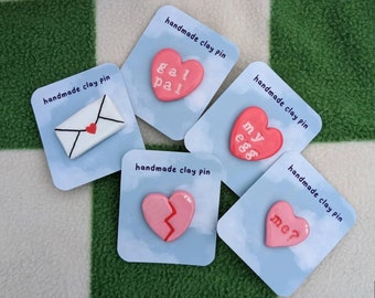 valentine's day pins, handmade clay pin badges