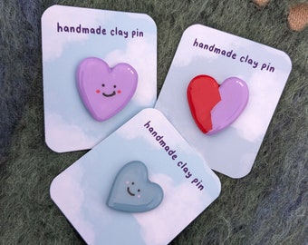 heart pins, valentine's day pins, handmade clay pin badges