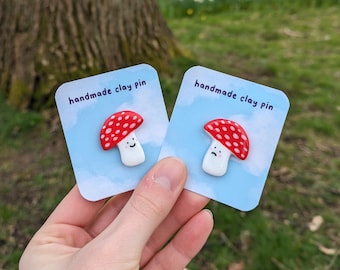 mushroom pins, handmade clay pin badge, toadstool pins