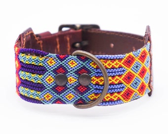 May include: A colorful dog collar with a geometric pattern in shades of blue, red, yellow, and purple. The collar is made of leather and has a metal buckle.