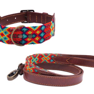 Pawahtun Model - Colorful Mexican Dog Collar and/or Leash in Leather and Traditional Weaving - Mexican Handcrafted Work