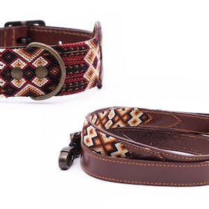 Matching Collar and Leash for Colorful Mexican Dog in Leather and Traditional Weaving - Handicraft Work Mexico - Size S