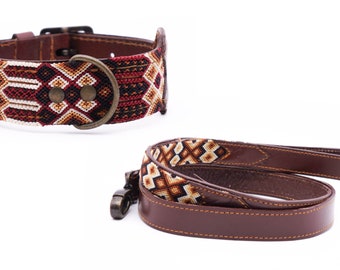 May include: A brown leather dog collar and leash with a colorful woven pattern. The collar has a metal buckle and the leash has a metal clip.