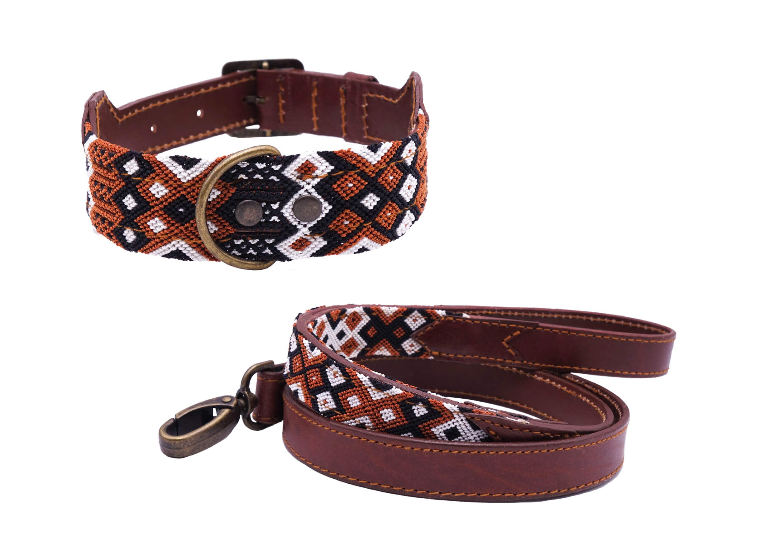 Modèle Itzamna - Collier Et/Ou Laisse Assortie Pour Chien Mexicain Coloré en Cuir et Tissage Traditi