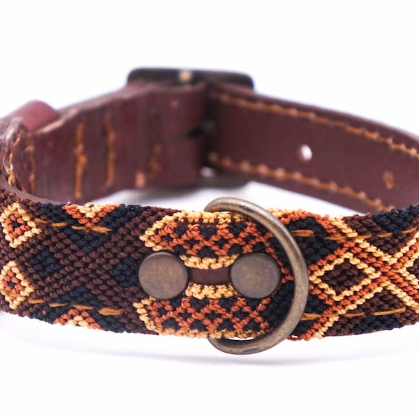 Colorful Mexican dog collar in leather and traditional weaving - Unique handcrafted work - Size XS