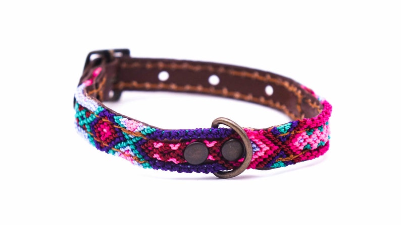 Size XXS Unique craft work Colorful Mexican dog collar in leather and traditional weaving
