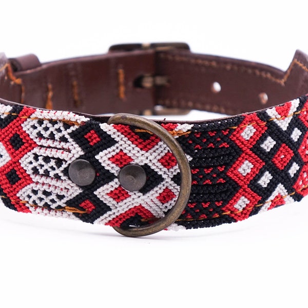 Colorful Mexican dog collar in leather and traditional weaving - Unique craftsmanship - Size M