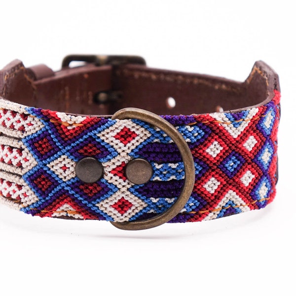 Colorful Mexican dog collar in leather and traditional weaving - Unique craftsmanship - Size S