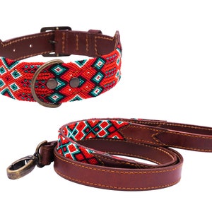 Hunab Ku Model - Colorful Mexican Dog Collar and/or Leash in Leather and Traditional Weaving - Mexican Handcraft