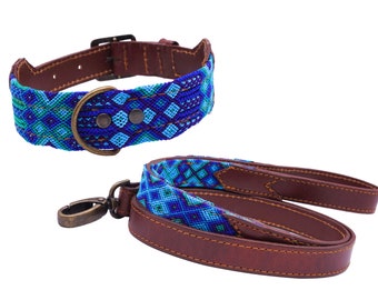 Chaac model - Collar and/or matching leash for colored Mexican dog in leather and traditional weaving - Mexican craftsmanship