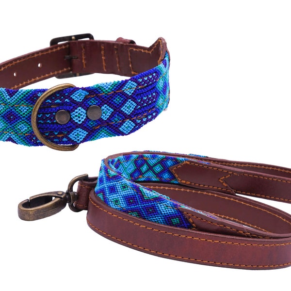 Chaac model - Collar and/or matching leash for colored Mexican dog in leather and traditional weaving - Mexican craftsmanship