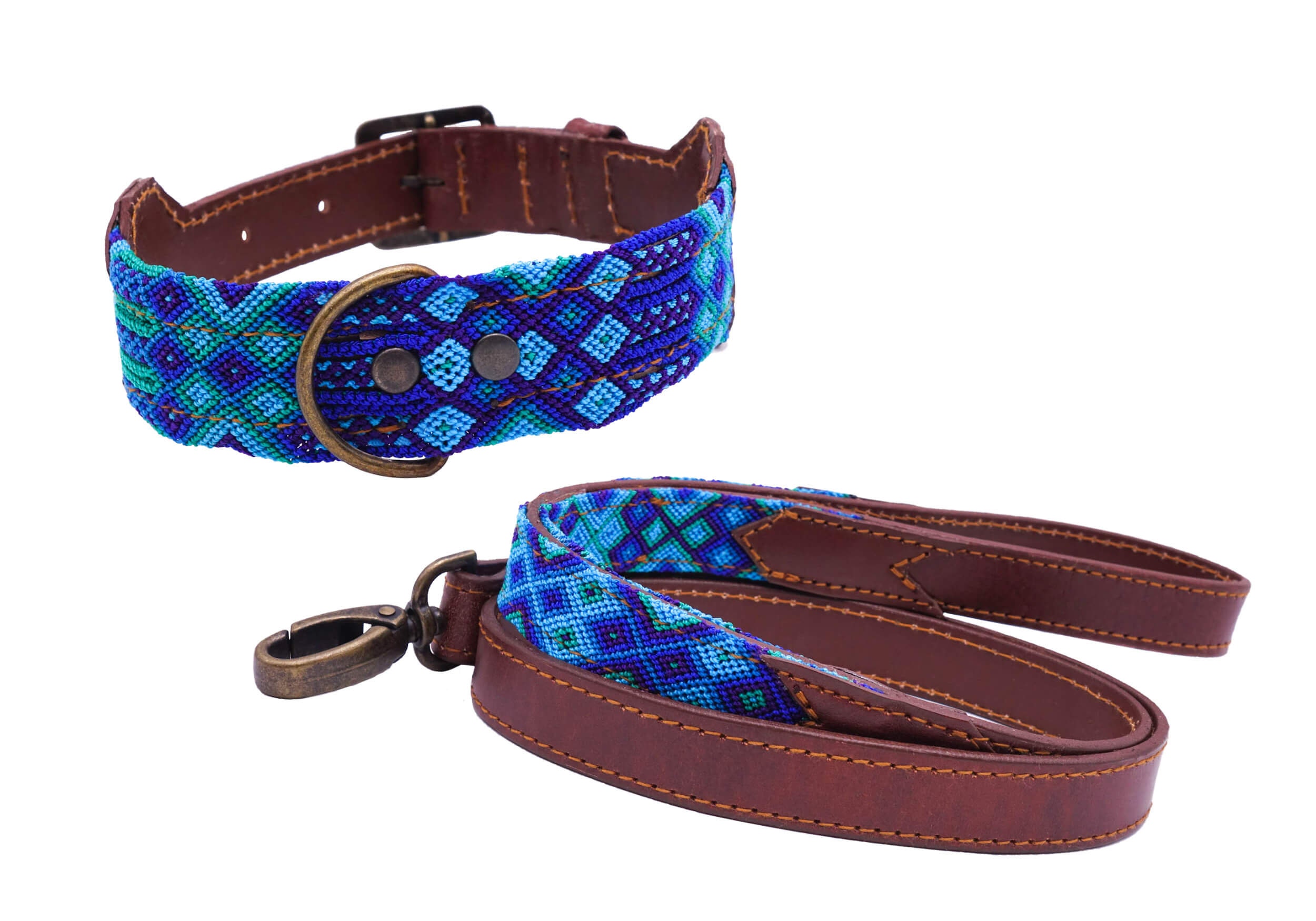 Modèle Chaac - Collier Et/Ou Laisse Assortie Pour Chien Mexicain Coloré en Cuir et Tissage Tradition