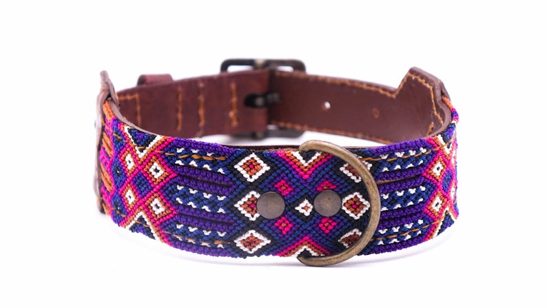 Unique craft work Colorful Mexican dog collar in leather and traditional weaving Size M
