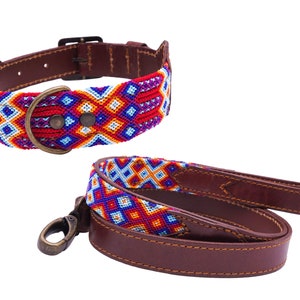 Ehécatl Model - Collar and/or matching leash for Mexican dog colored in leather and traditional weaving - Mexican craftsmanship