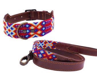 Ehécatl Model - Collar and/or matching leash for Mexican dog colored in leather and traditional weaving - Mexican craftsmanship