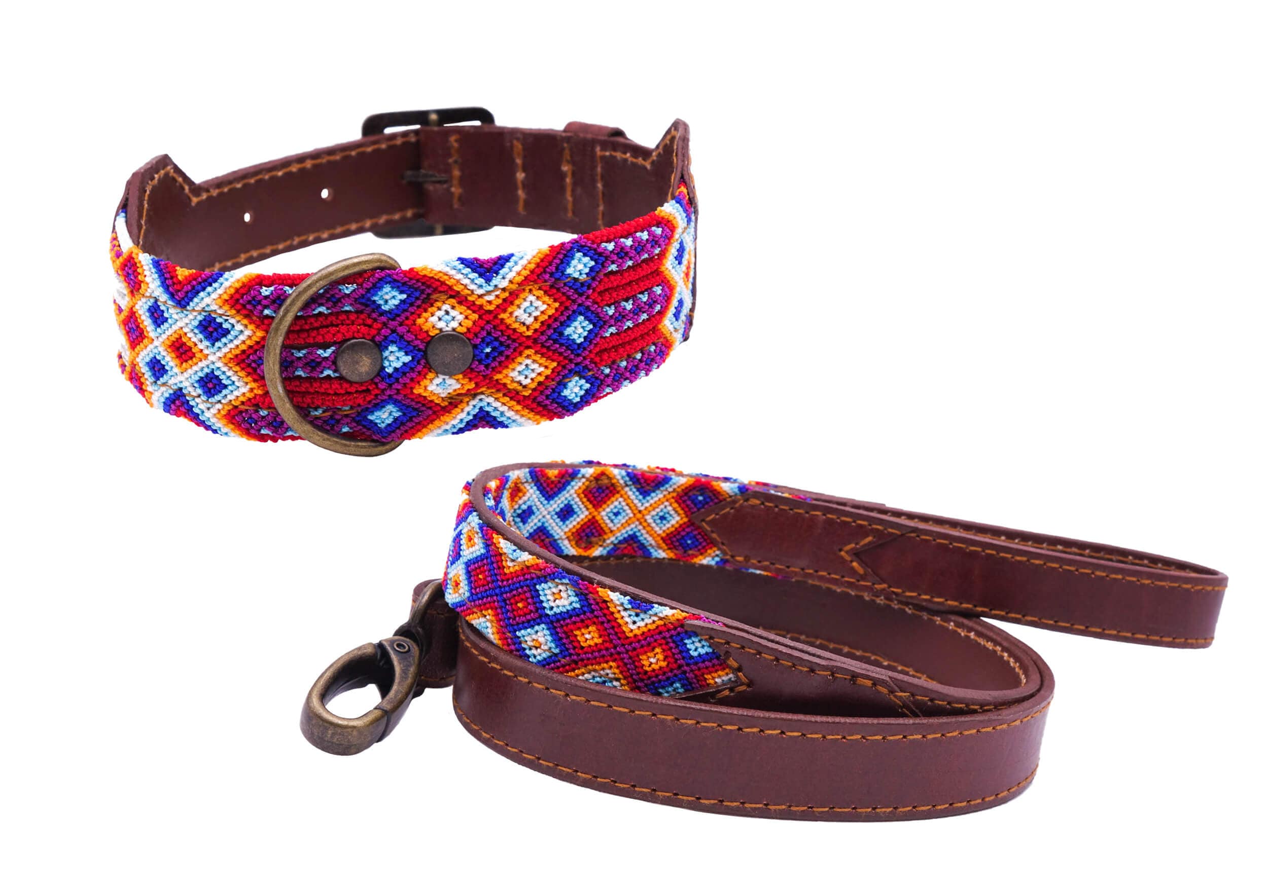Modèle Ehécatl - Collier Et/Ou Laisse Assortie Pour Chien Mexicain Coloré en Cuir et Tissage Traditi