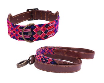 Ixchel model - Collar and/or matching leash for colored Mexican dog in leather and traditional weaving - Mexican craftsmanship