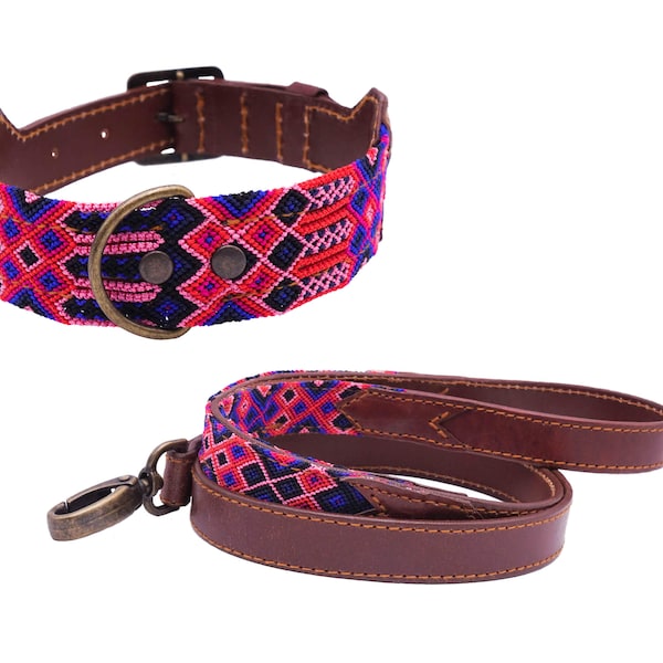 Modelo Ixchel - Collar y/o correa a juego para perro mexicano colorido en cuero y tejido tradicional - Artesanía mexicana