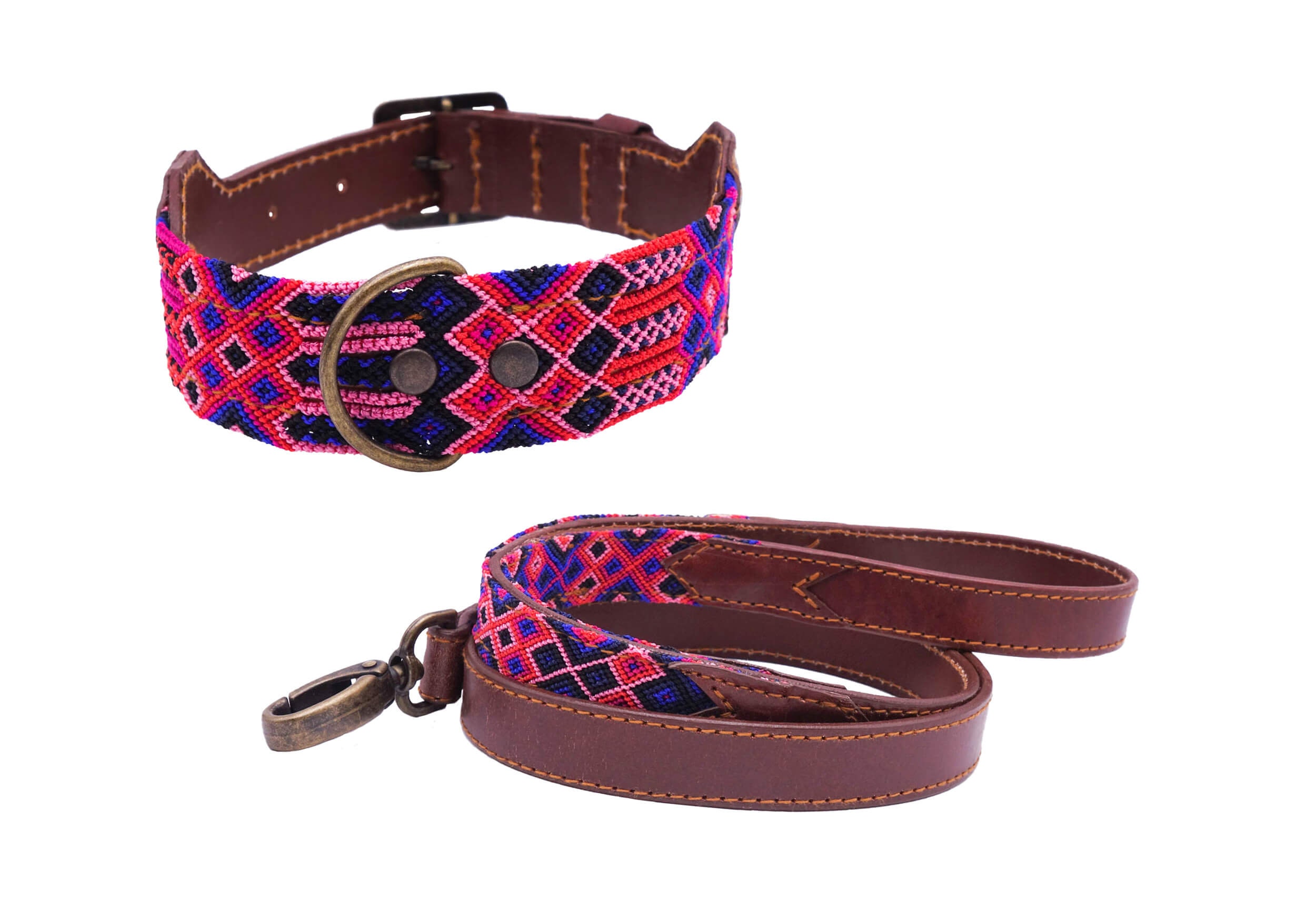 Modèle Ixchel - Collier Et/Ou Laisse Assortie Pour Chien Mexicain Coloré en Cuir et Tissage Traditio