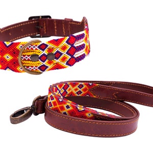 Ah Kin Model - Colorful Mexican Dog Collar and/or Leash in Leather and Traditional Weaving - Mexican Handcrafted Work