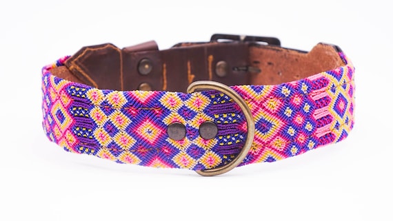 Size XS Colorful Mexican dog collar in leather and traditional weaving Unique craft work