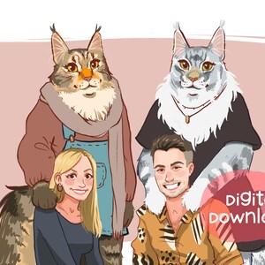 Creative Cartoon Family Portrait | Pet and Owner Portrait | Cats as People, Dogs as People | Pets with Personality | Humanified Pets