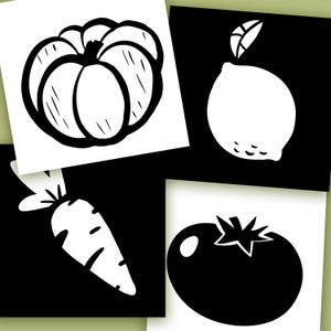 10 Tarjetas infantiles en blanco y negro / Edición de verduras y frutas / Juego sensorial, Tarjetas de alto contraste / Estimulación visual del recién nacido / Montessori