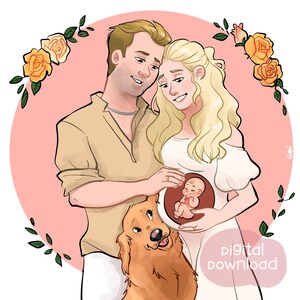 Retrato customizável dos desenhos animados | Presente de casamento, aniversário, aniversário, mãe grávida | Princesa e Príncipe Encantados | Arte digital para impressão