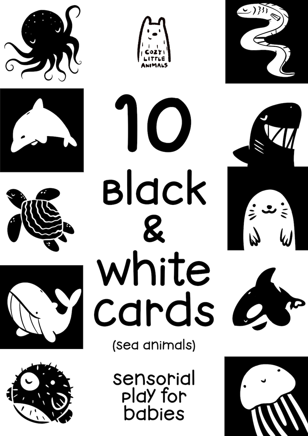 10 Black and White Infant Cards Sea Animals Edition Sensory Play, High Contrast Cards Newborn