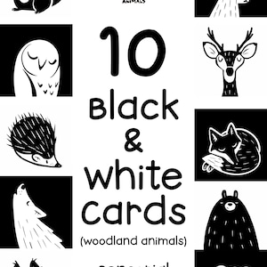 10 cartões infantis em preto e branco | Edição de animais da floresta | Jogo sensorial, cartas de alto contraste | Estimulação visual para recém-nascidos | Montessoriano