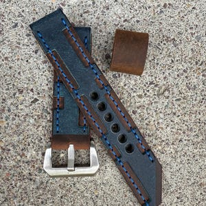 Handmade Leather Watch Strap 22mm: Blue & Brown Stitched Band