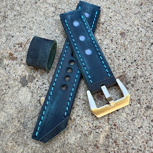 Blue Leather Watch Strap: 22mm/24mm with Canvas Inlays