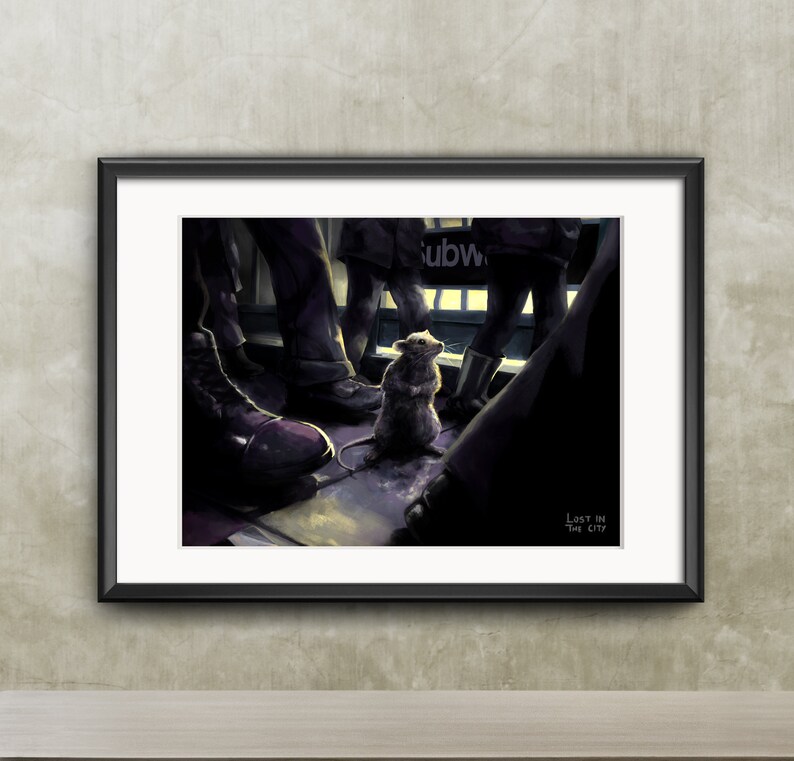 New York Lost in the City MTA Subway Entrance Foot traffic Rat Art 11x14
