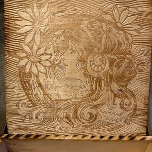 Antique pyrography wood box 6" square