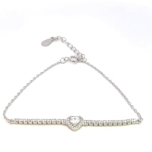 Silver Heart Chain Bracelet, CZ Heart Charm Bracelet, Halfway Tennis Bracelet, Rhodium Plated, 925 Sterling Silver, 7&quot; Adjustable, Women