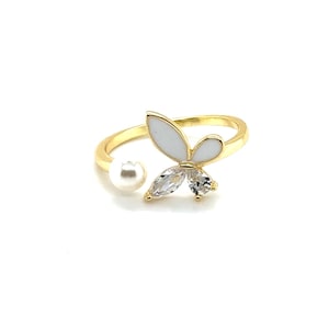 Butterfly Ring, White Butterfly, Pearl And Crystal Ring, Gold Plated Ring, 14K Gold Over 925 Silver, Fashion Ring, Trendy Ring, Women Ring