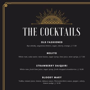 Modelo de sinal de menu de coquetéis de bar