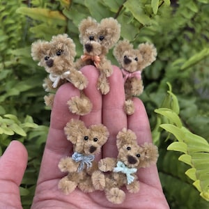 May include: Five miniature teddy bears with brown fur and small black eyes. Each bear has a small bow in a different color: white, peach, pink, light blue, and teal. The bears are held in a hand against a backdrop of green foliage.