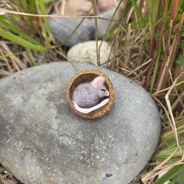 Miniature wool mouse asleep in acorn cap | whimsical gift ideas | handmade treasures